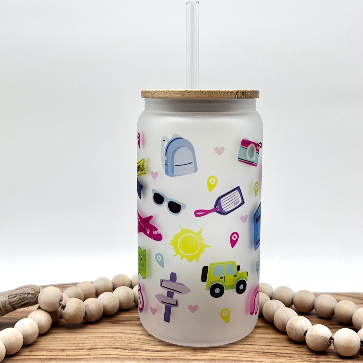 16oz Travel Themed Frosted Glass Tumbler - Travel Agent Iced Coffee Cup