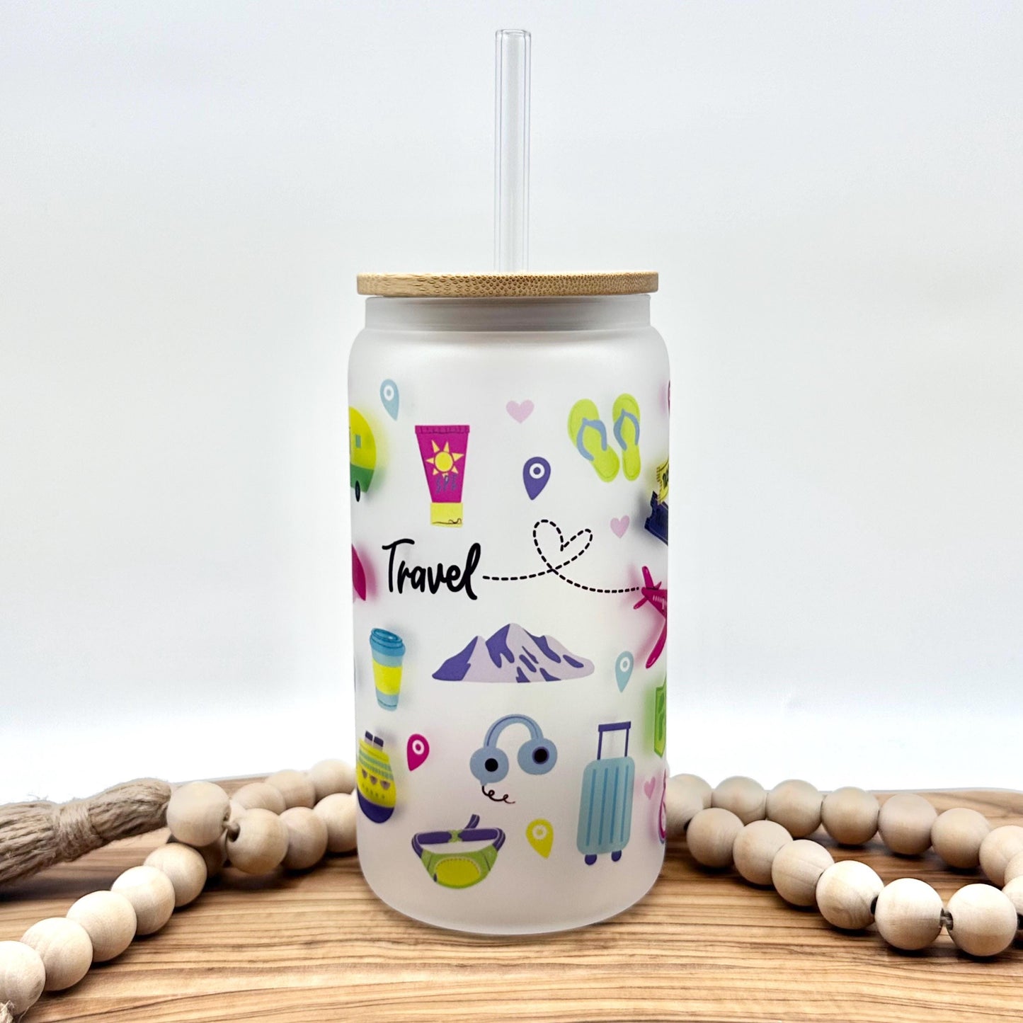16oz Travel Themed Frosted Glass Tumbler - Travel Agent Iced Coffee Cup
