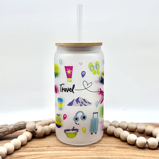16oz Travel Themed Frosted Glass Tumbler - Travel Agent Iced Coffee Cup