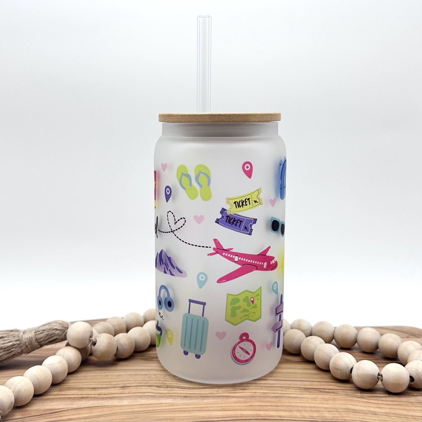 16oz Travel Themed Frosted Glass Tumbler - Travel Agent Iced Coffee Cup