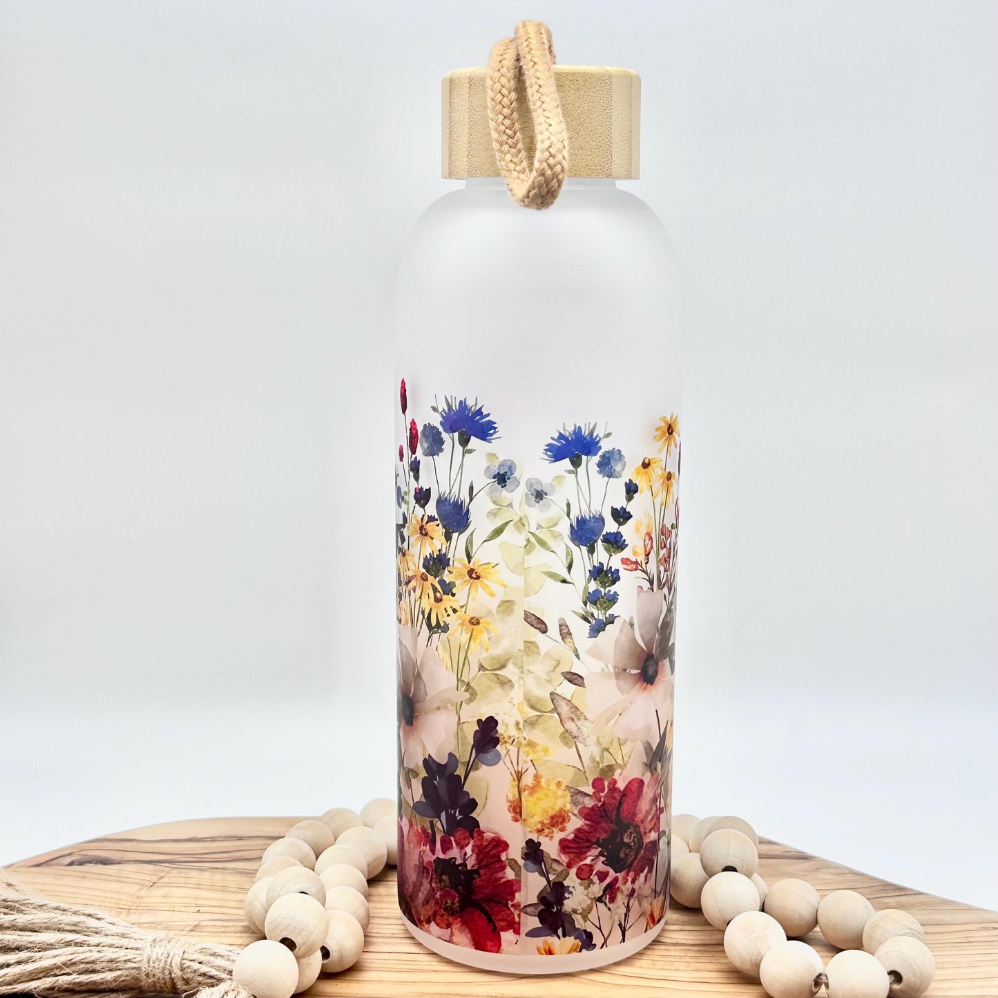 Slightly Imperfect Wildflower Glass Water Bottle, 25oz Frosted Glass Tumbler