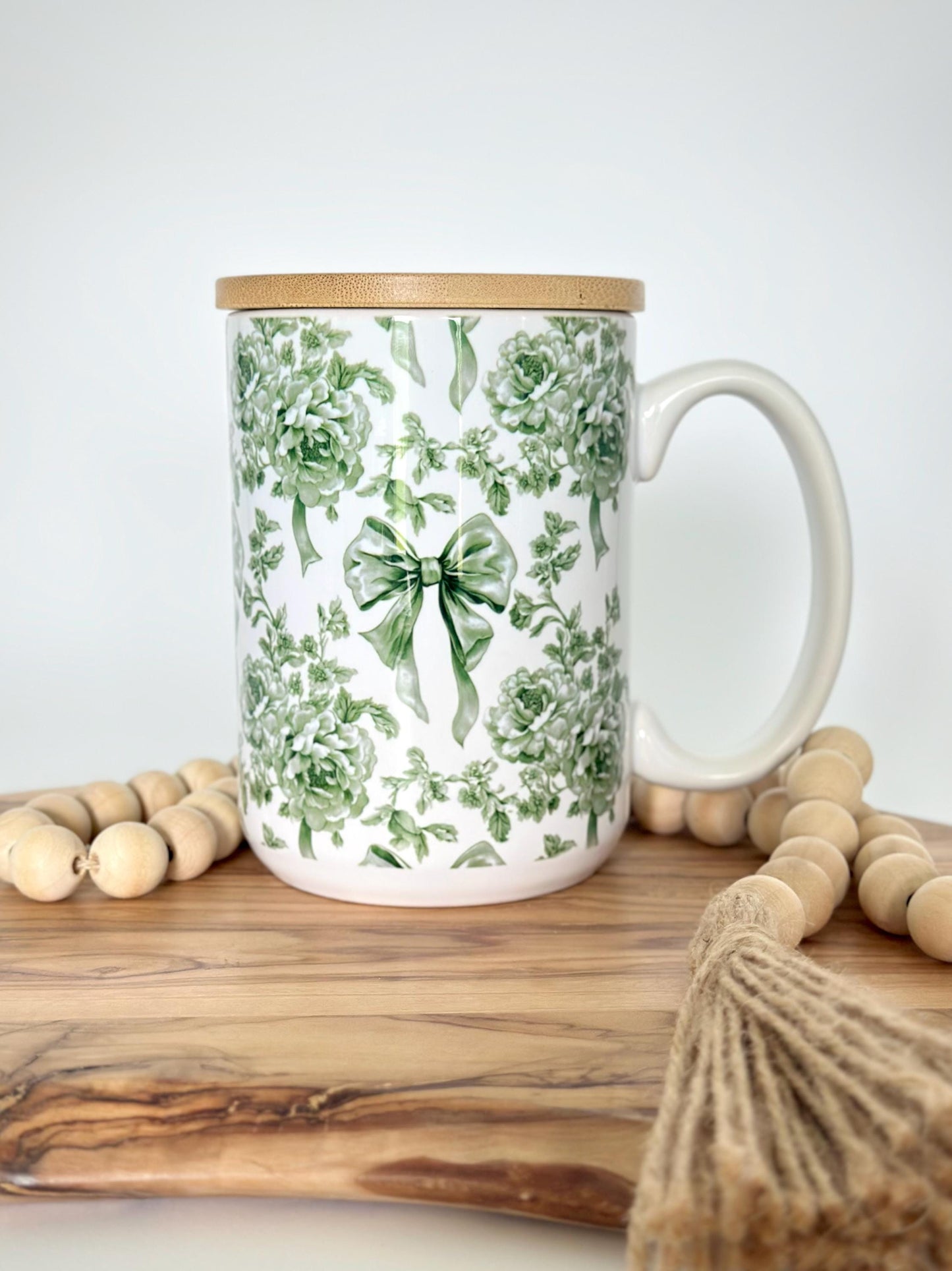 15oz Green Toile Ceramic Coffee Mug with Bamboo Lid