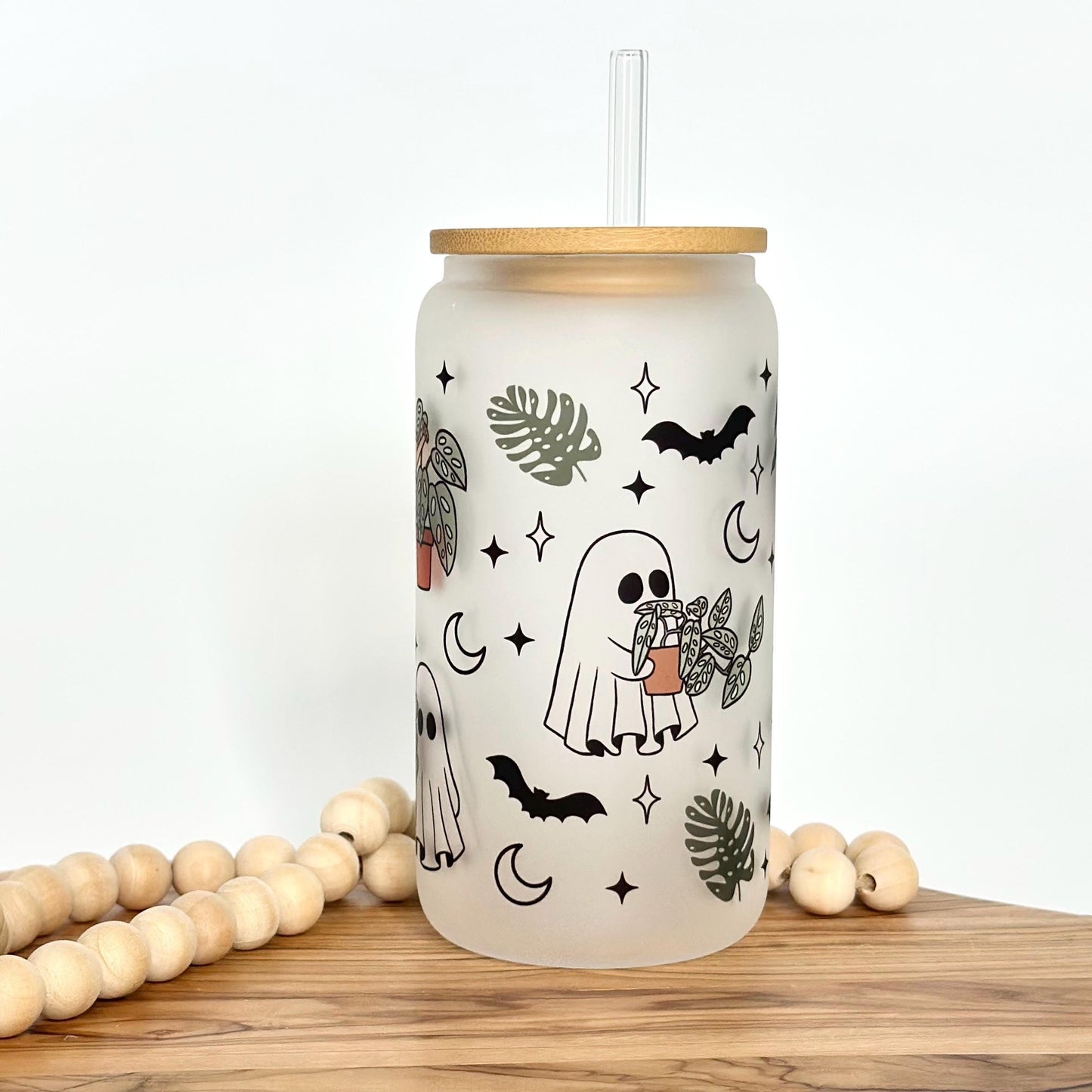 Halloween Iced Coffee Cup - 16oz Frosted Glass Tumbler with Plant Lover Ghost