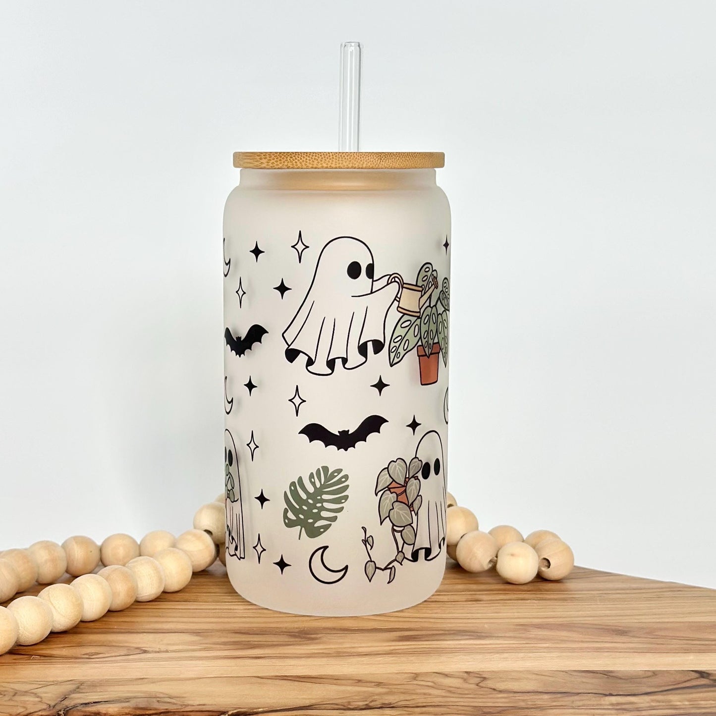 Halloween Iced Coffee Cup - 16oz Frosted Glass Tumbler with Plant Lover Ghost