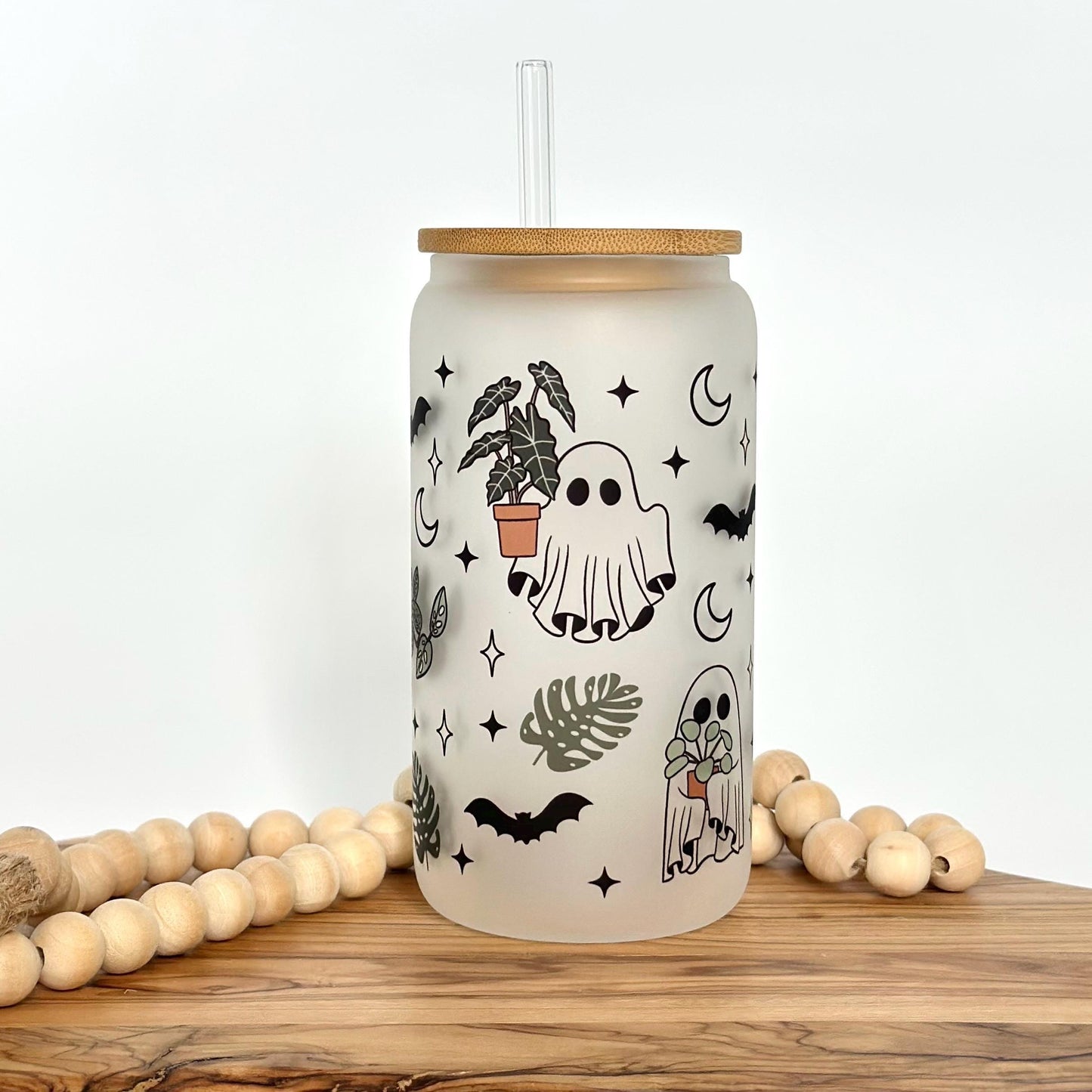 Halloween Iced Coffee Cup - 16oz Frosted Glass Tumbler with Plant Lover Ghost