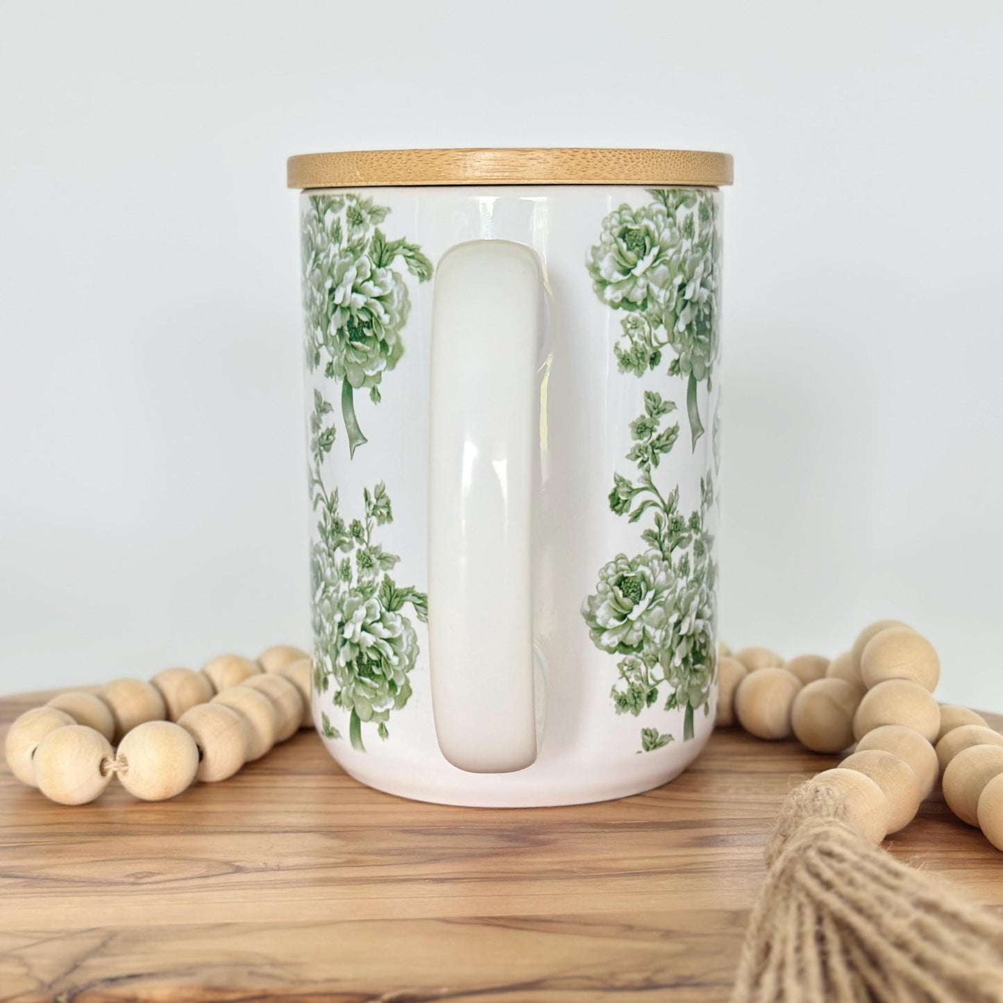 15oz Green Toile Ceramic Coffee Mug with Bamboo Lid