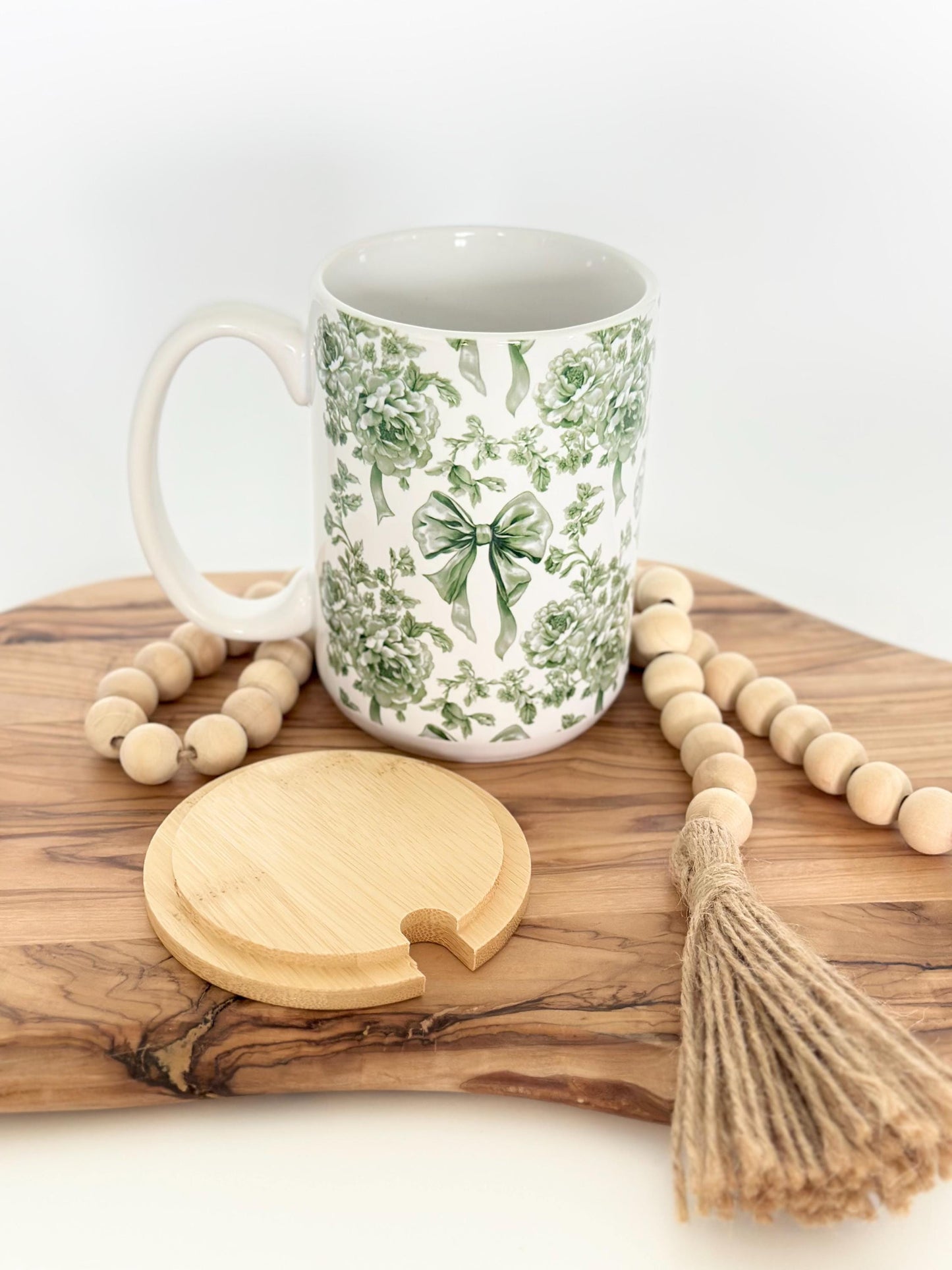 15oz Green Toile Ceramic Coffee Mug with Bamboo Lid
