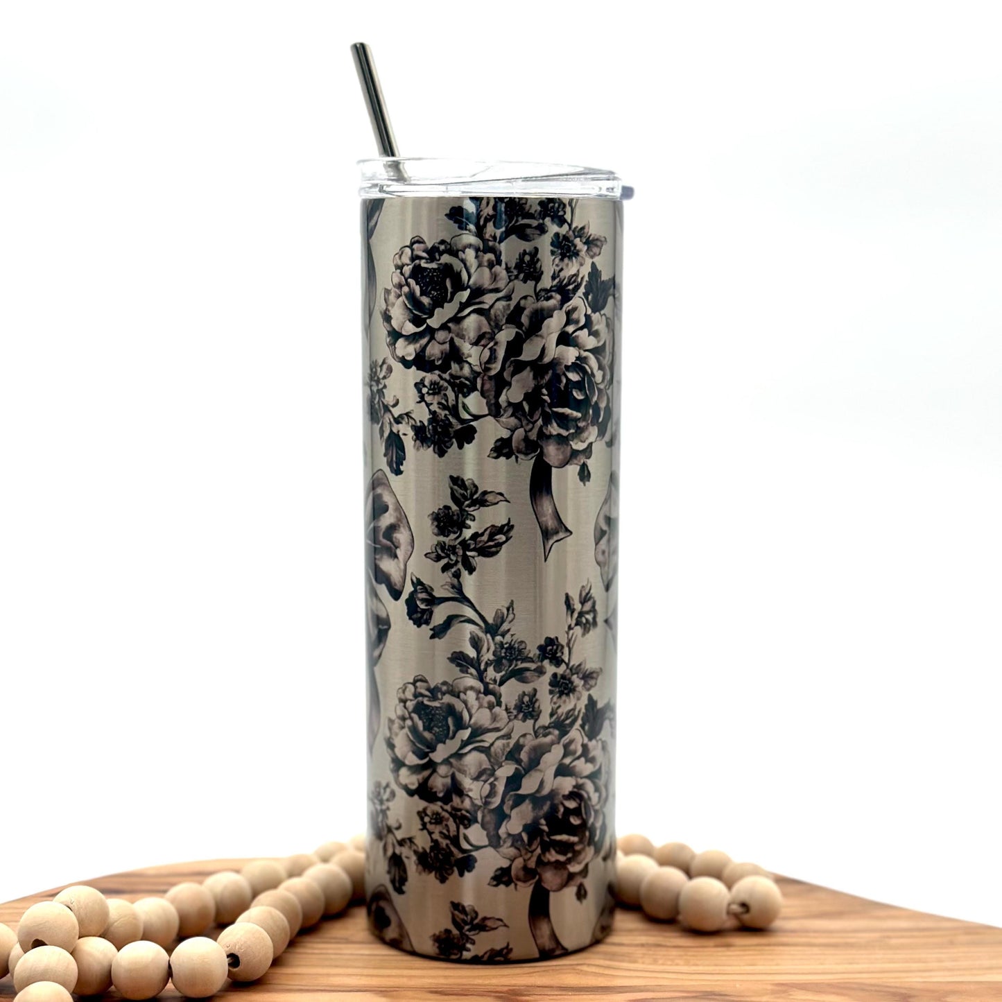 Insulated Floral Toile Cup - 20oz Stainless Steel Tumbler with Lid and Straw,