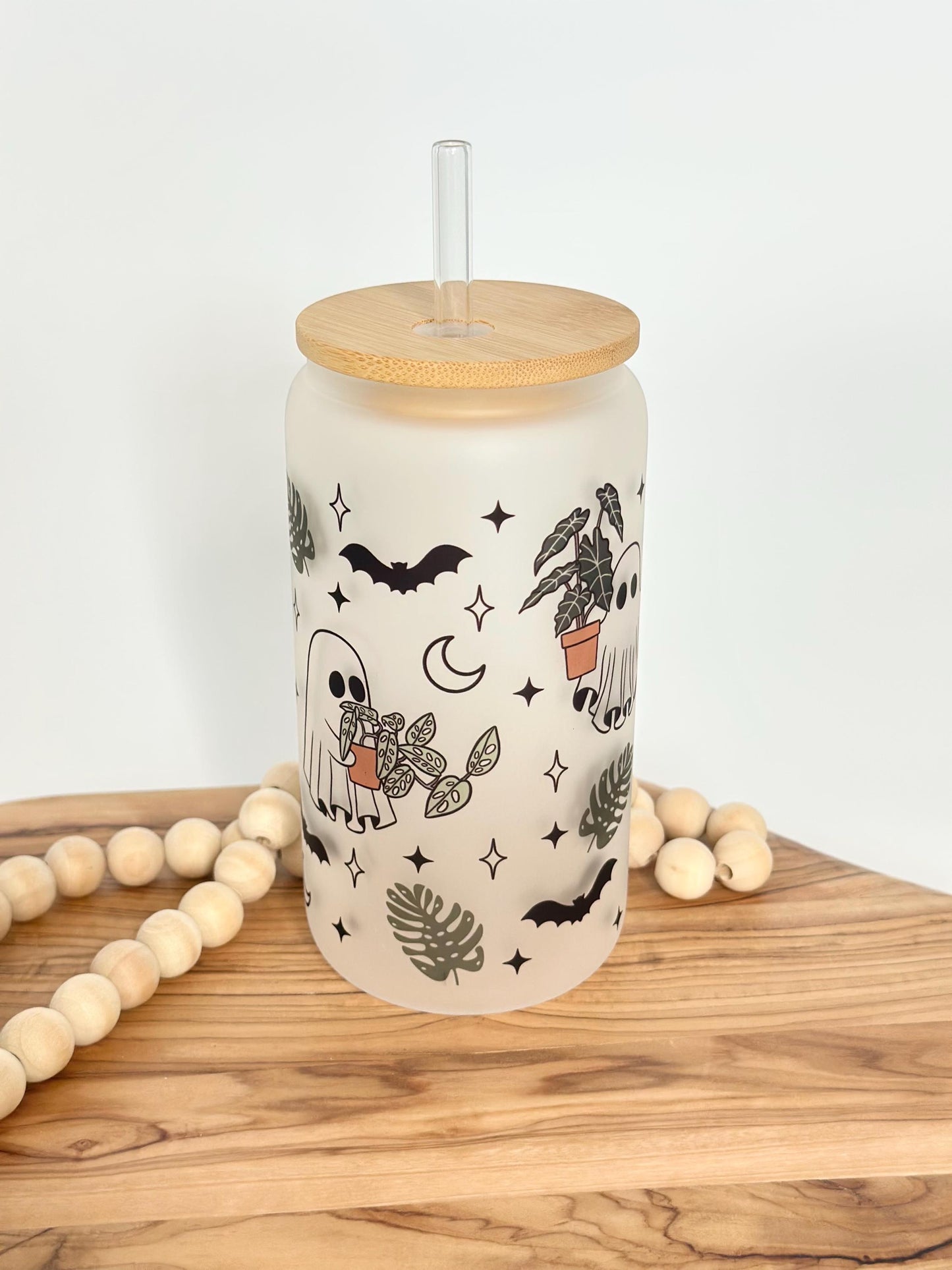 Halloween Iced Coffee Cup - 16oz Frosted Glass Tumbler with Plant Lover Ghost