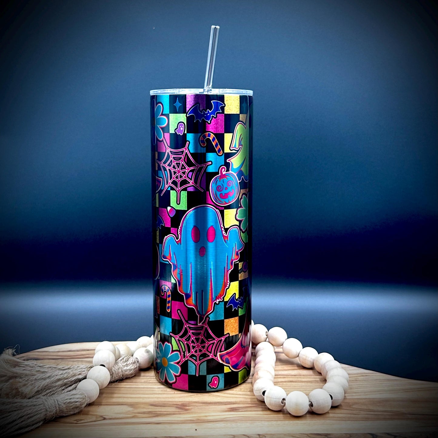Checkered Halloween Ghost Tumbler - 20oz Insulated Stainless Steel Tumbler with Lid and Straw