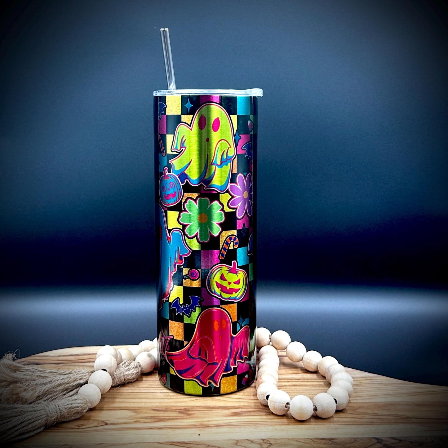 Checkered Halloween Ghost Tumbler - 20oz Insulated Stainless Steel Tumbler with Lid and Straw