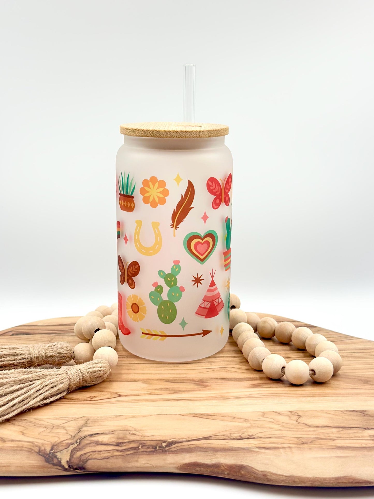 Southwest Boho Rainbow Iced Coffee Cup with Lid and Straw - 16oz Frosted Glass Tumbler