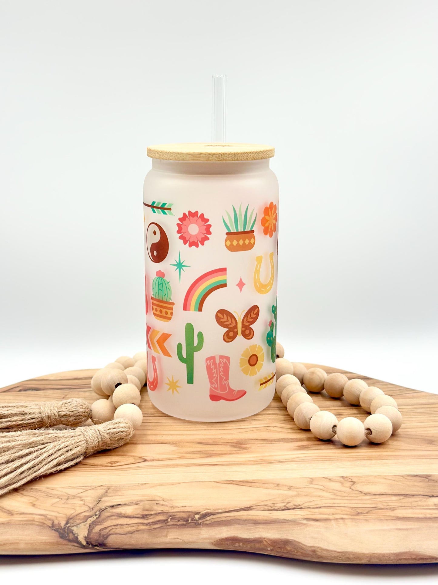 Southwest Boho Rainbow Iced Coffee Cup with Lid and Straw - 16oz Frosted Glass Tumbler