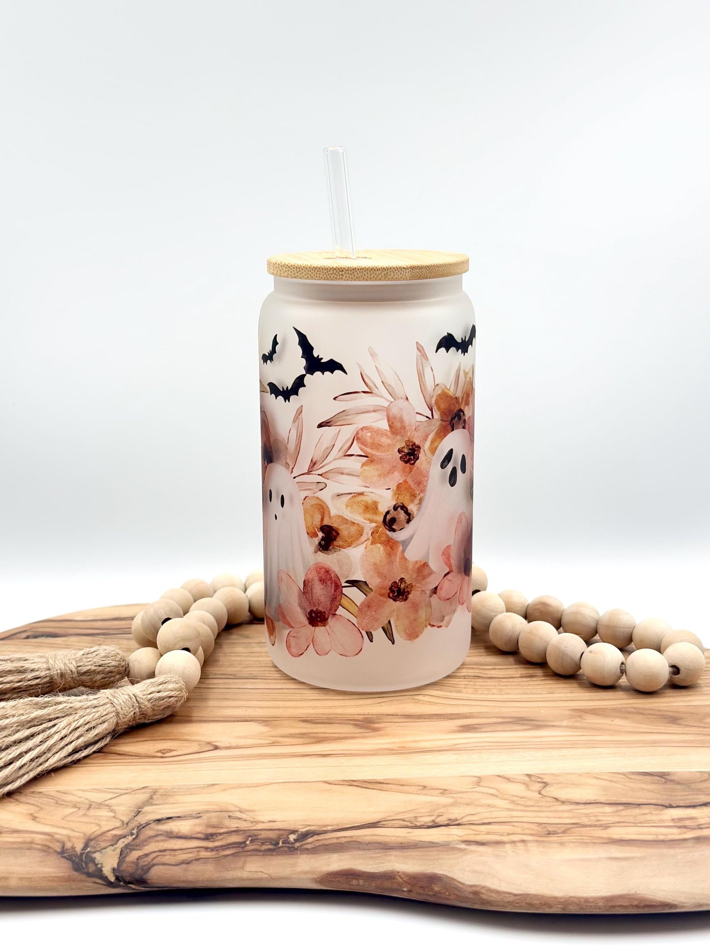 Halloween Iced Coffee Cup - 16oz Floral Ghost Frosted Glass Tumbler with Lid & Straw