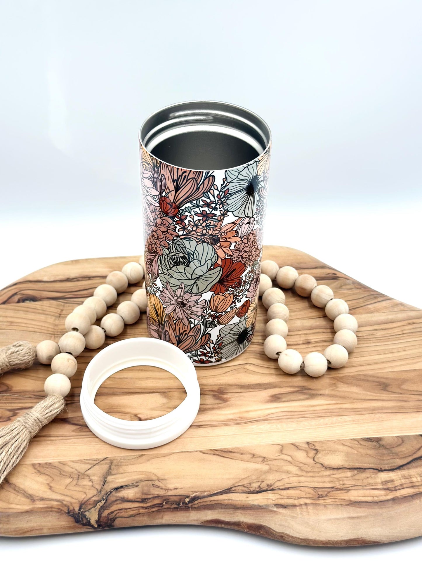Slim Floral Can Cooler - Stainless Steel Insulated Cozie for 12oz Cans and Bottles