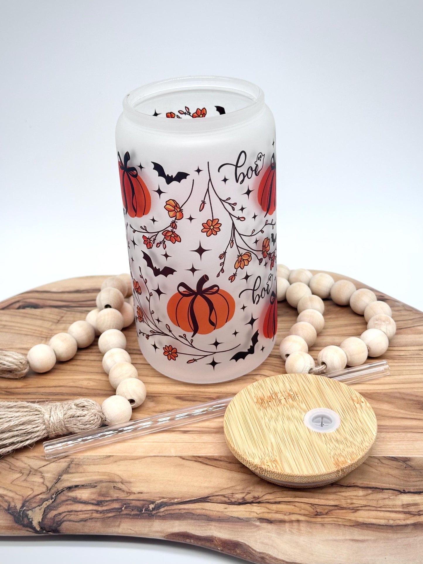Halloween Iced Coffee Cup, 16oz Glass Tumbler with Lid and Straw