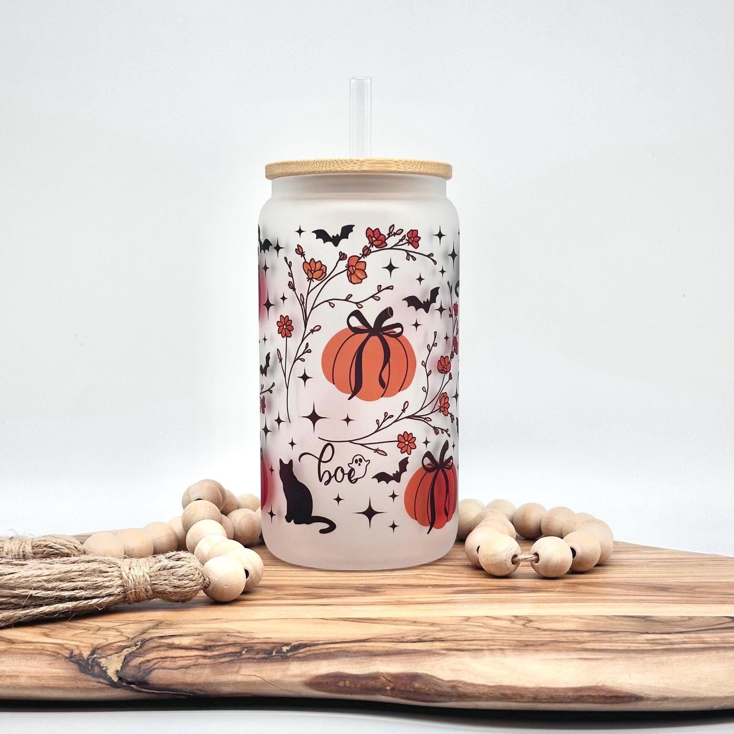 Halloween Iced Coffee Cup - 16oz Glass Tumbler with Lid and Straw