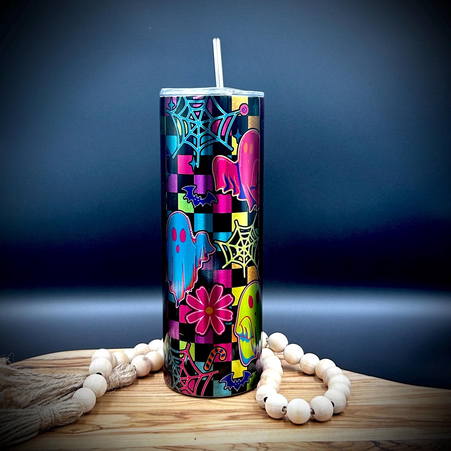 Checkered Halloween Ghost Tumbler - 20oz Insulated Stainless Steel Tumbler with Lid and Straw