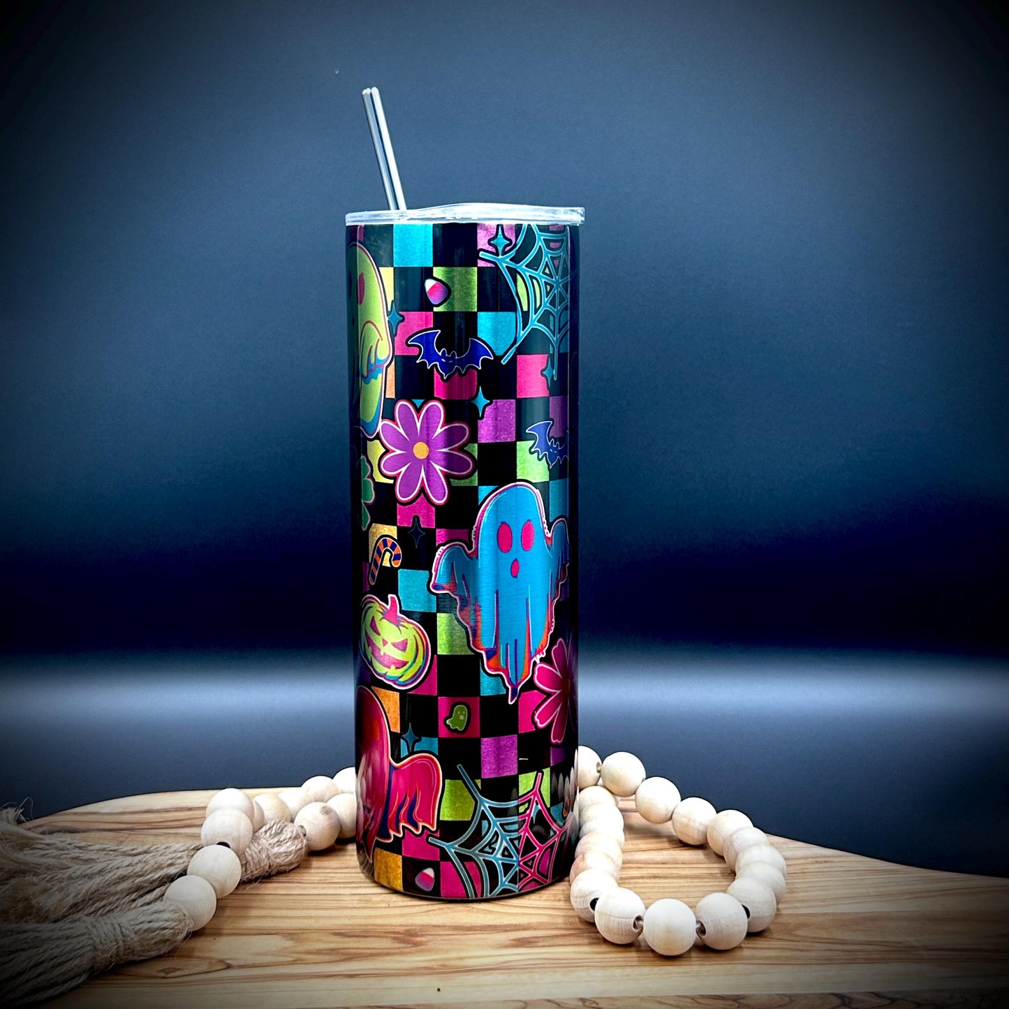 Checkered Halloween Ghost Tumbler - 20oz Insulated Stainless Steel Tumbler with Lid and Straw