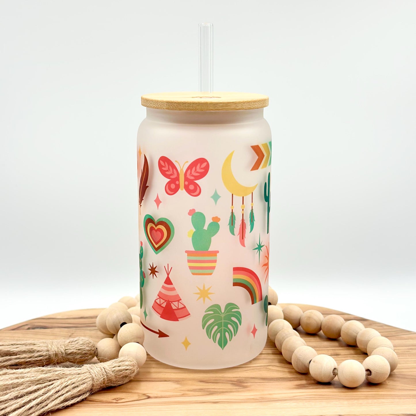 Southwest Boho Rainbow Iced Coffee Cup with Lid and Straw - 16oz Frosted Glass Tumbler