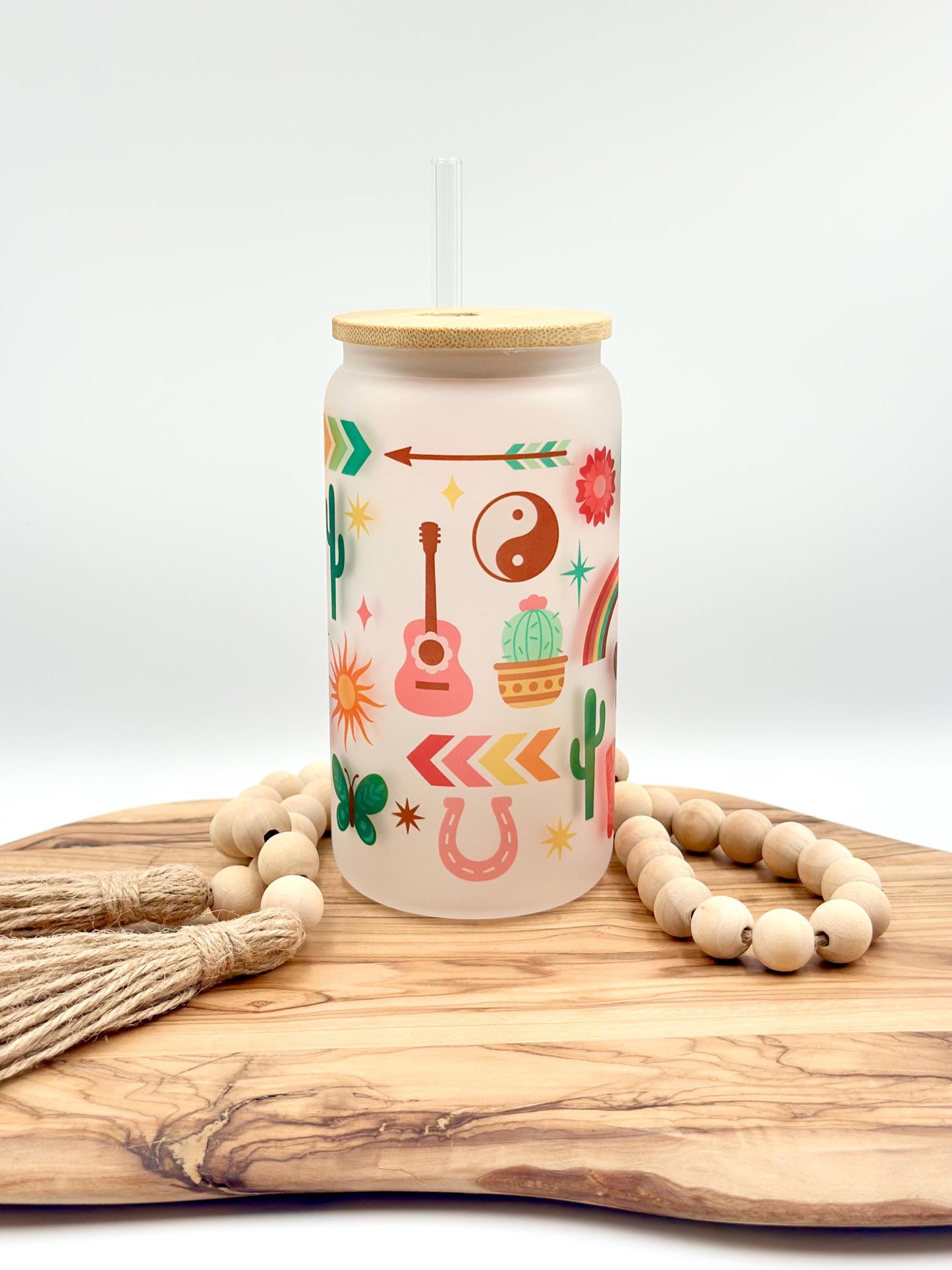 Southwest Boho Rainbow Iced Coffee Cup with Lid and Straw - 16oz Frosted Glass Tumbler