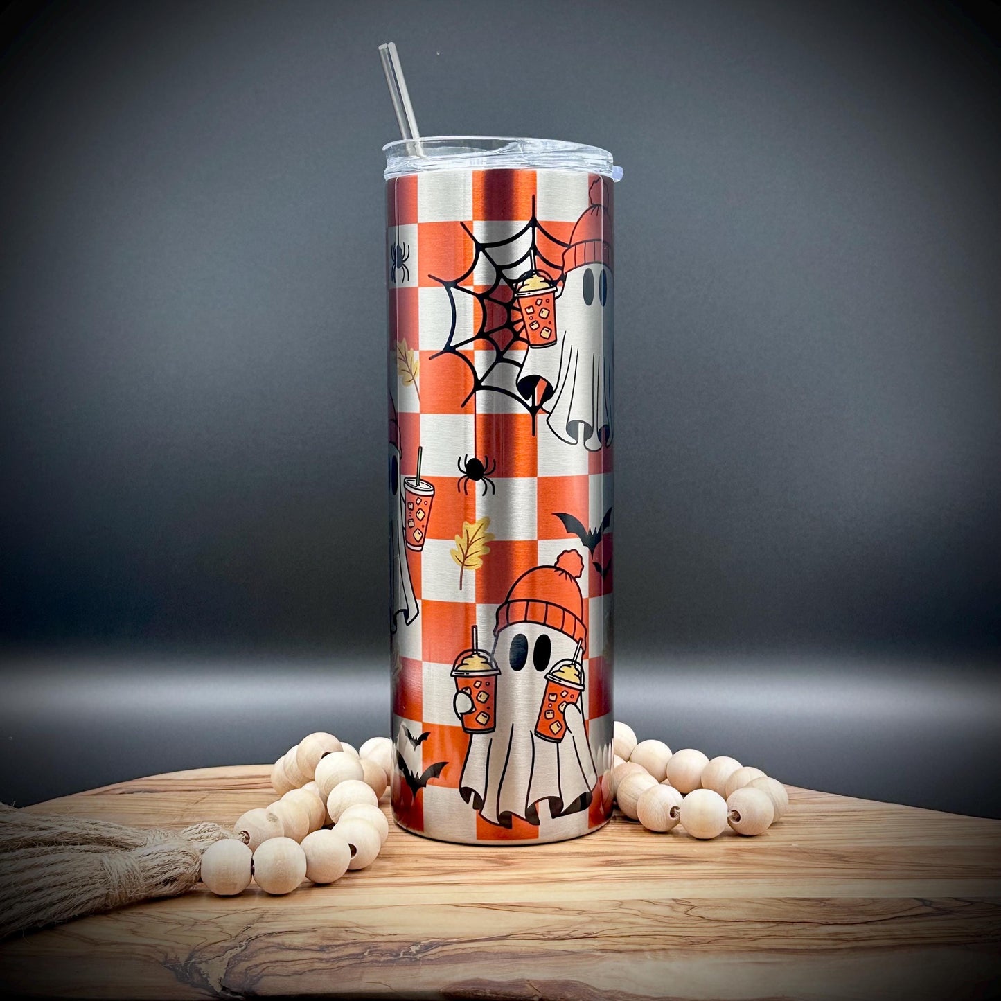 20oz Checkered Halloween Tumbler with Lid and Straw - Insulated Stainless Steel
