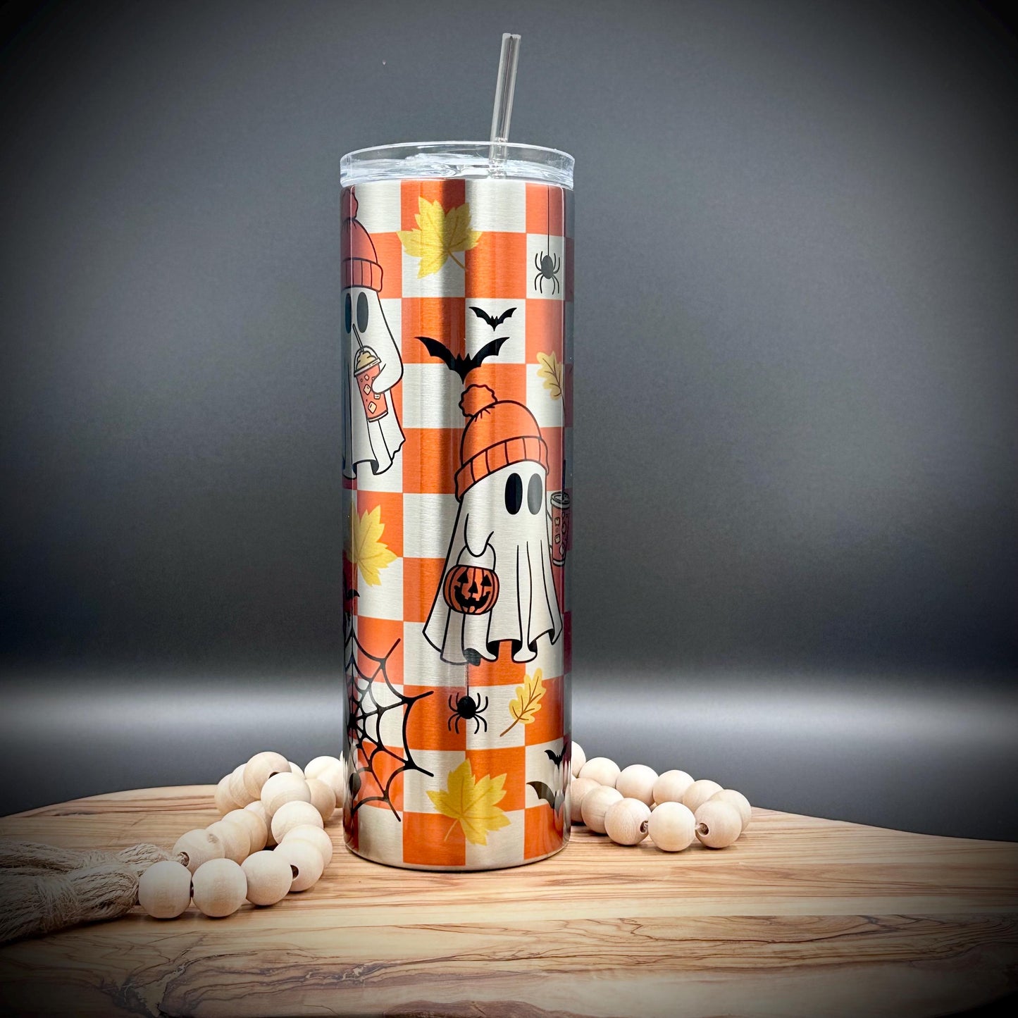 20oz Checkered Halloween Tumbler with Lid and Straw - Insulated Stainless Steel