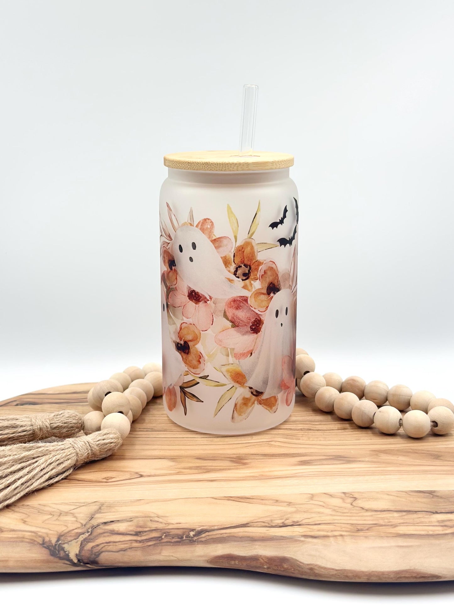 Halloween Iced Coffee Cup - 16oz Floral Ghost Frosted Glass Tumbler with Lid & Straw