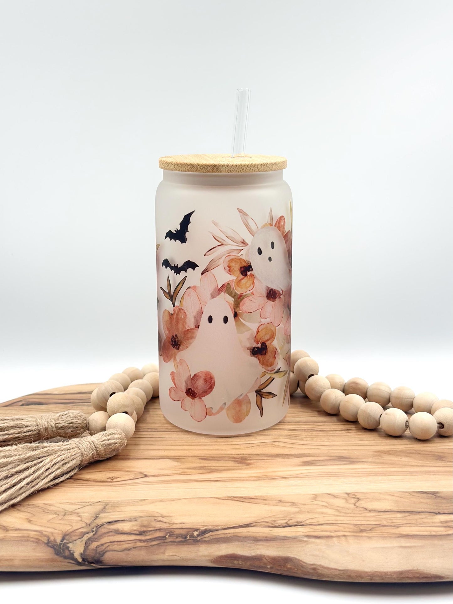 Halloween Iced Coffee Cup - 16oz Floral Ghost Frosted Glass Tumbler with Lid & Straw