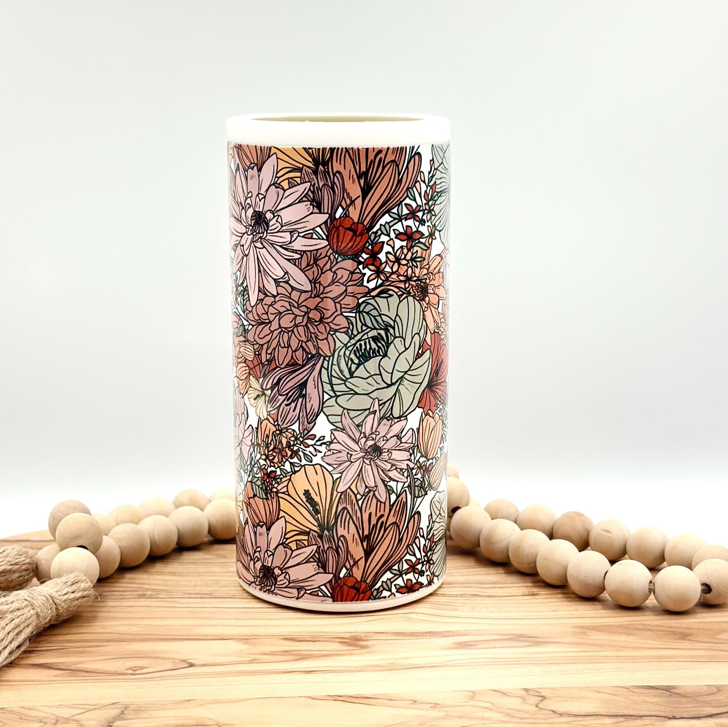 Slim Floral Can Cooler - Stainless Steel Insulated Cozie for 12oz Cans and Bottles