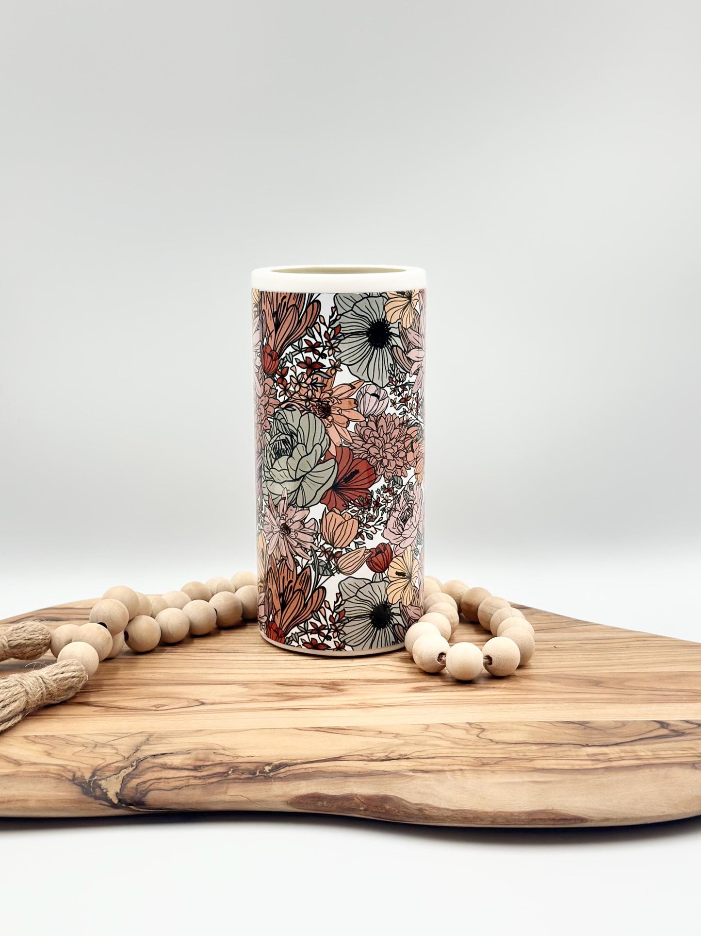 Slim Floral Can Cooler - Stainless Steel Insulated Cozie for 12oz Cans and Bottles