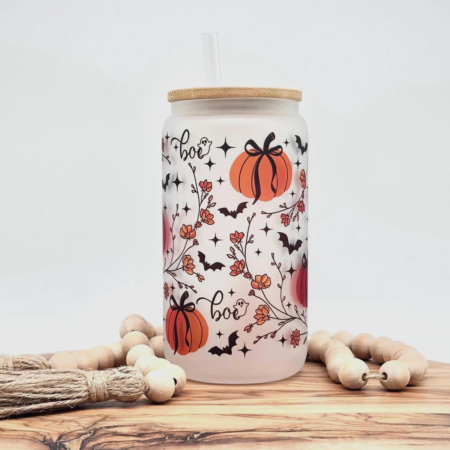 Halloween Iced Coffee Cup, 16oz Glass Tumbler with Lid and Straw