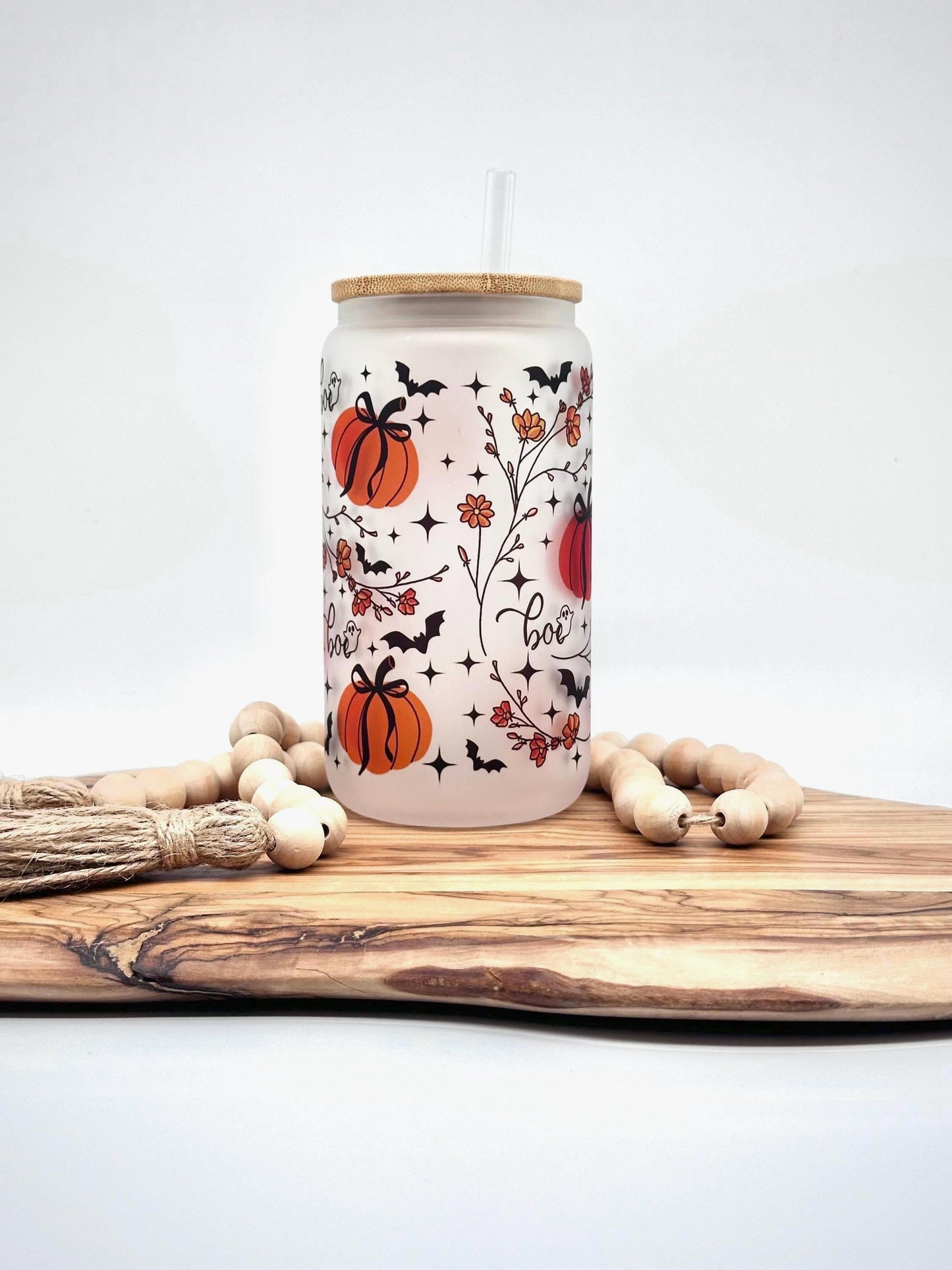 Halloween Iced Coffee Cup, 16oz Glass Tumbler with Lid and Straw