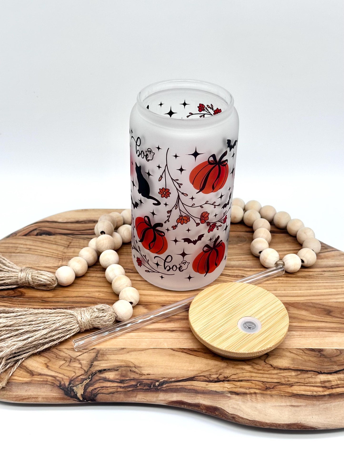 Halloween Iced Coffee Cup - 16oz Glass Tumbler with Lid and Straw