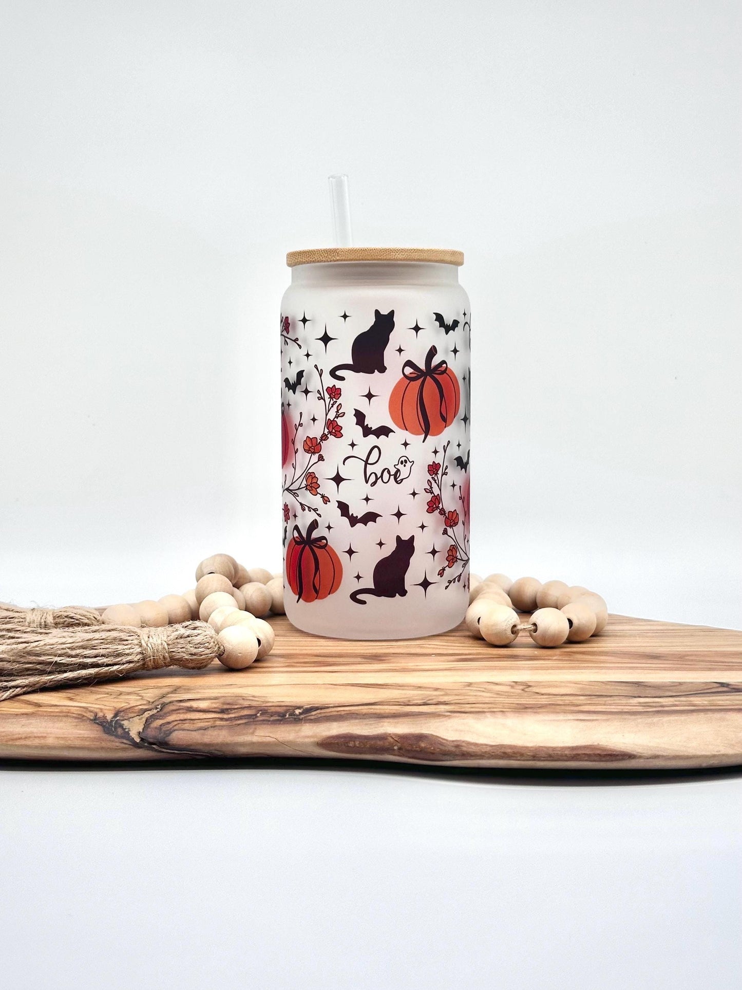 Halloween Iced Coffee Cup - 16oz Glass Tumbler with Lid and Straw