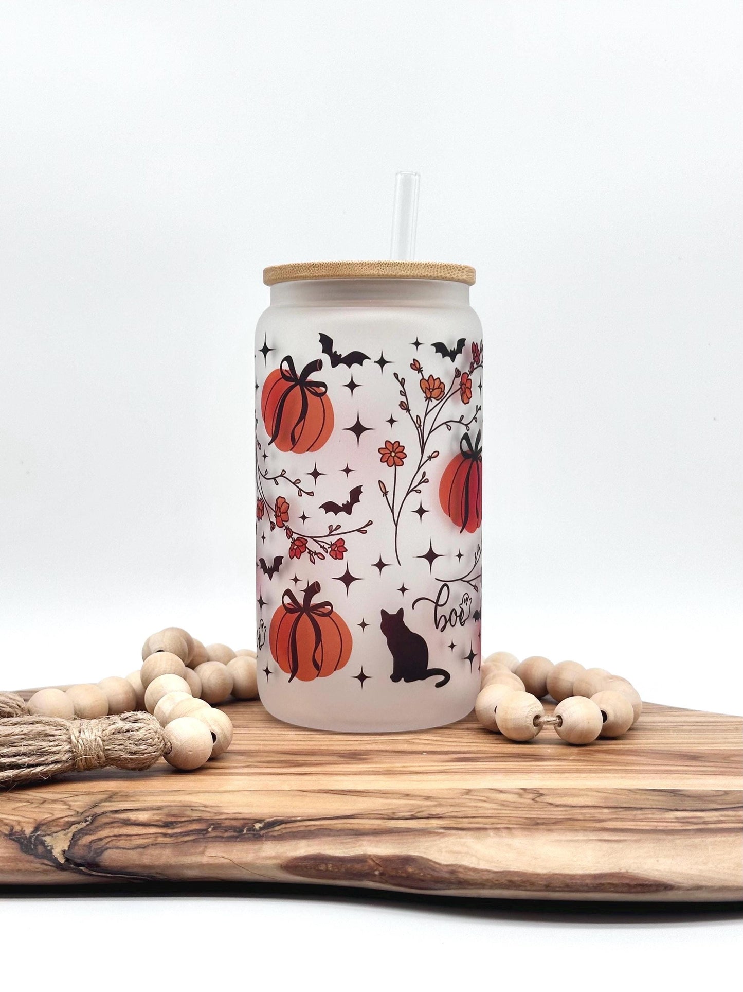 Halloween Iced Coffee Cup - 16oz Glass Tumbler with Lid and Straw