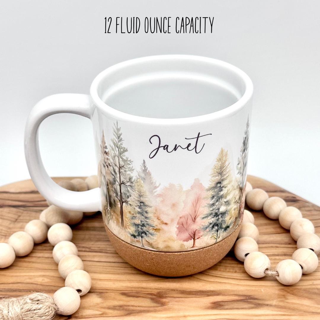 12oz Personalized Forest Coffee Mug with Cork Base and Plastic Lid