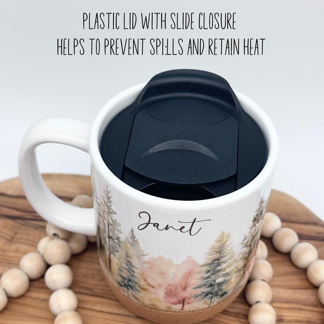 12oz Personalized Forest Coffee Mug with Cork Base and Plastic Lid