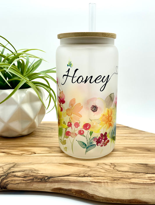 Personalized Floral Frosted Glass Can