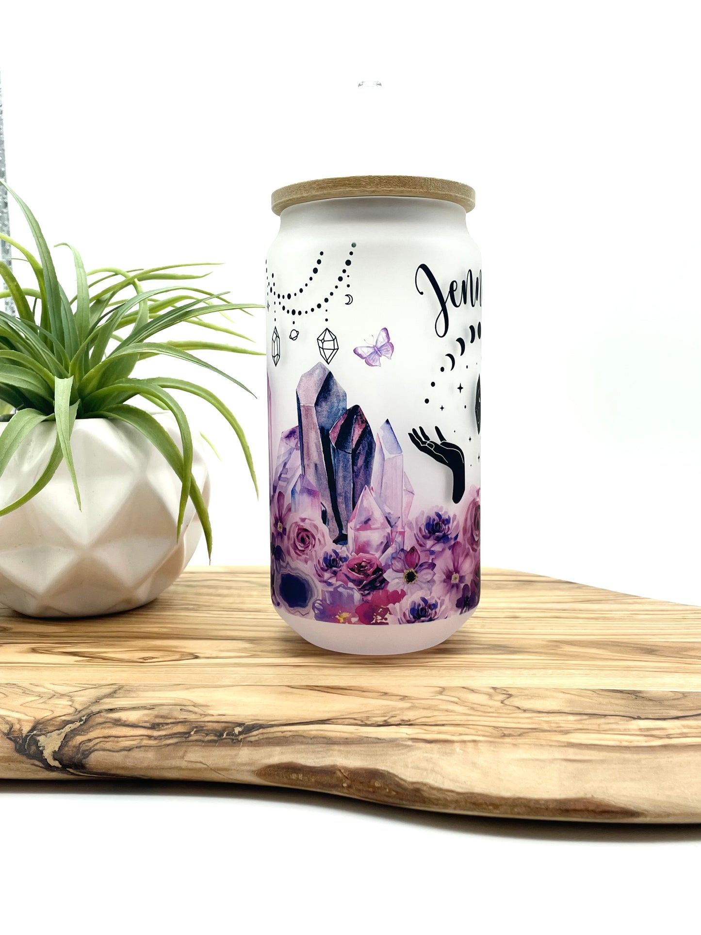 Personalized Purple Floral Glass Can