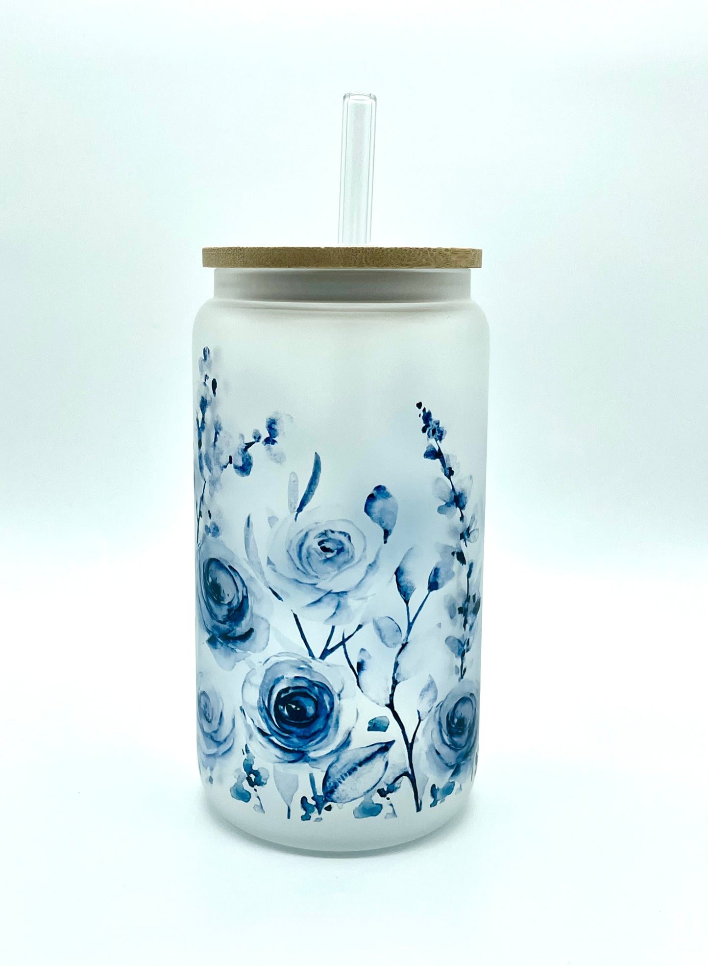 Blue Floral Frosted Glass Can