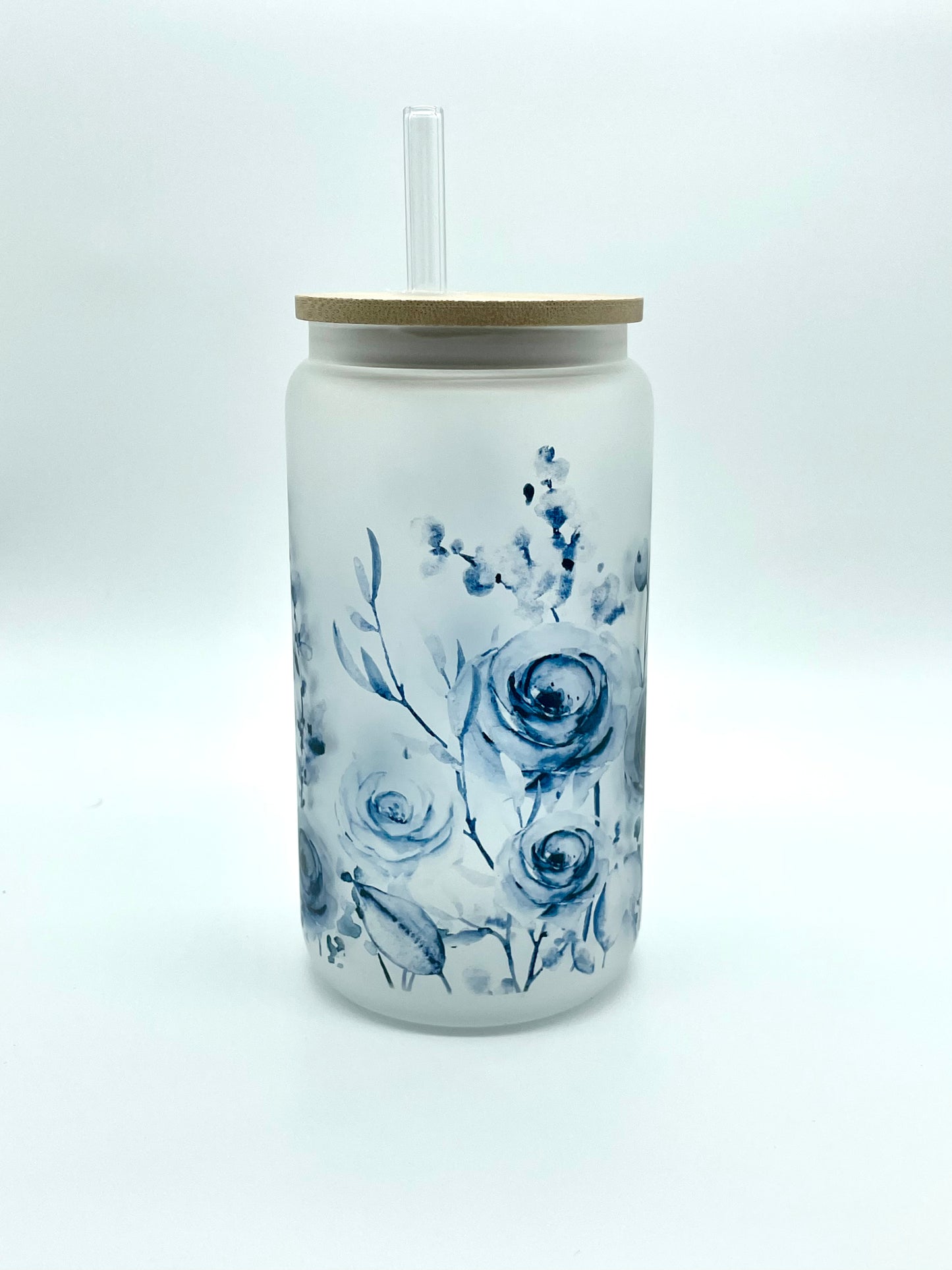 Blue Floral Frosted Glass Can