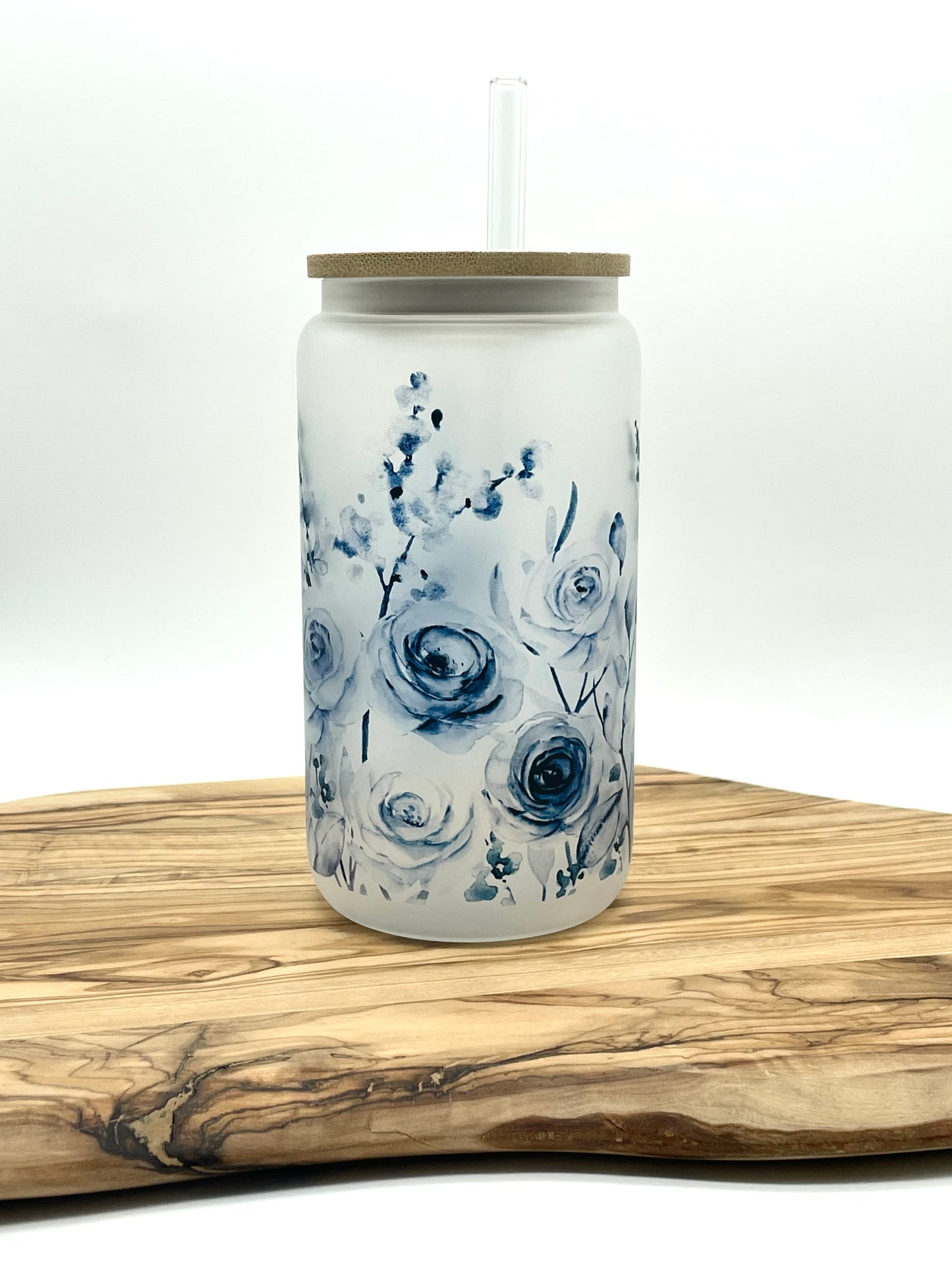 Blue Floral Frosted Glass Can