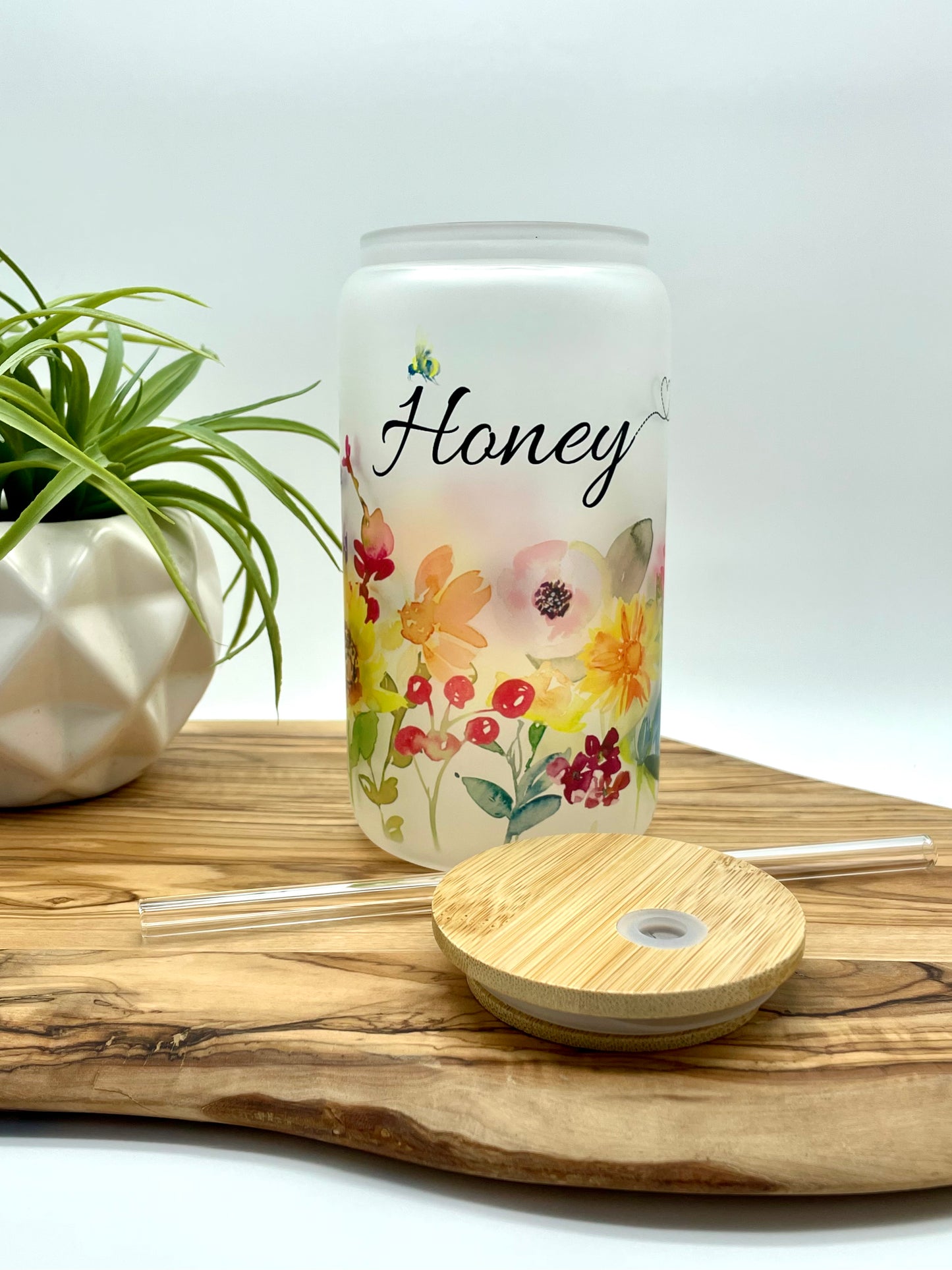 Personalized Floral Frosted Glass Can