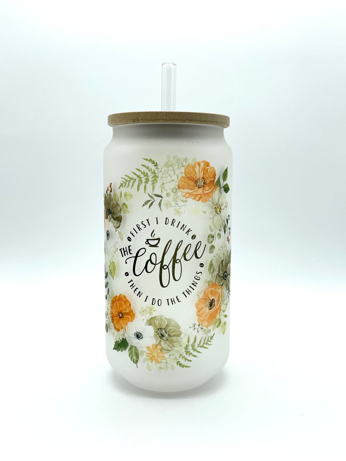 Green and Orange Floral Frosted Glass Can