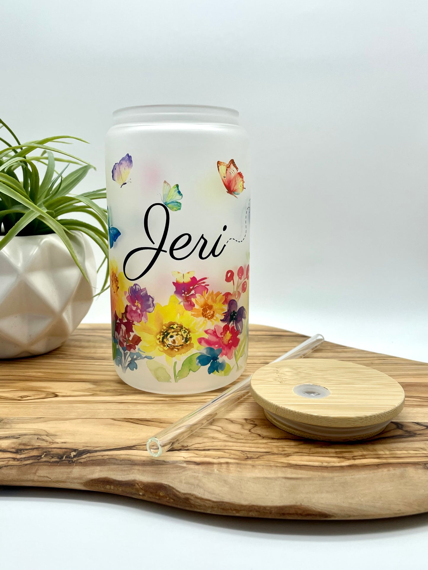 Personalized Floral Butterfly Frosted Glass Can