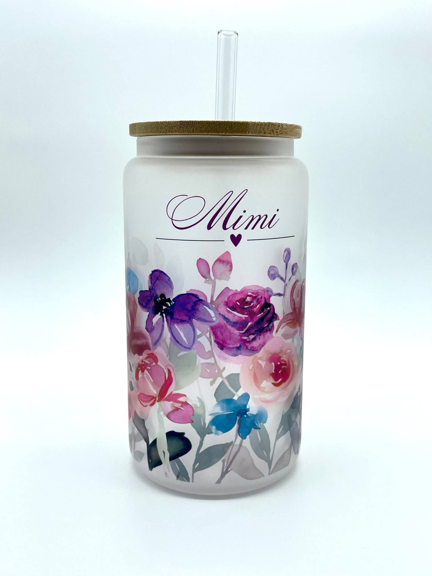 Personalized Purple Floral Frosted Glass Can