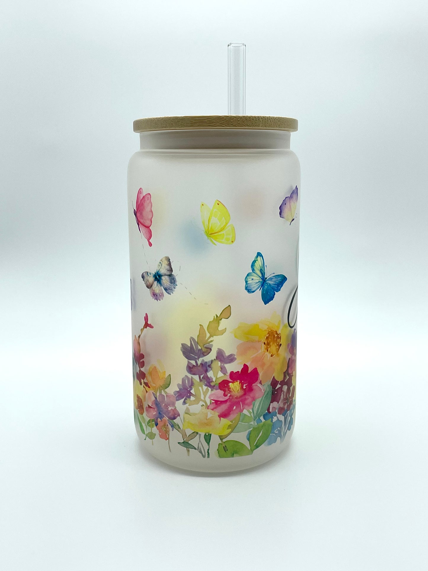 Personalized Floral Butterfly Frosted Glass Can