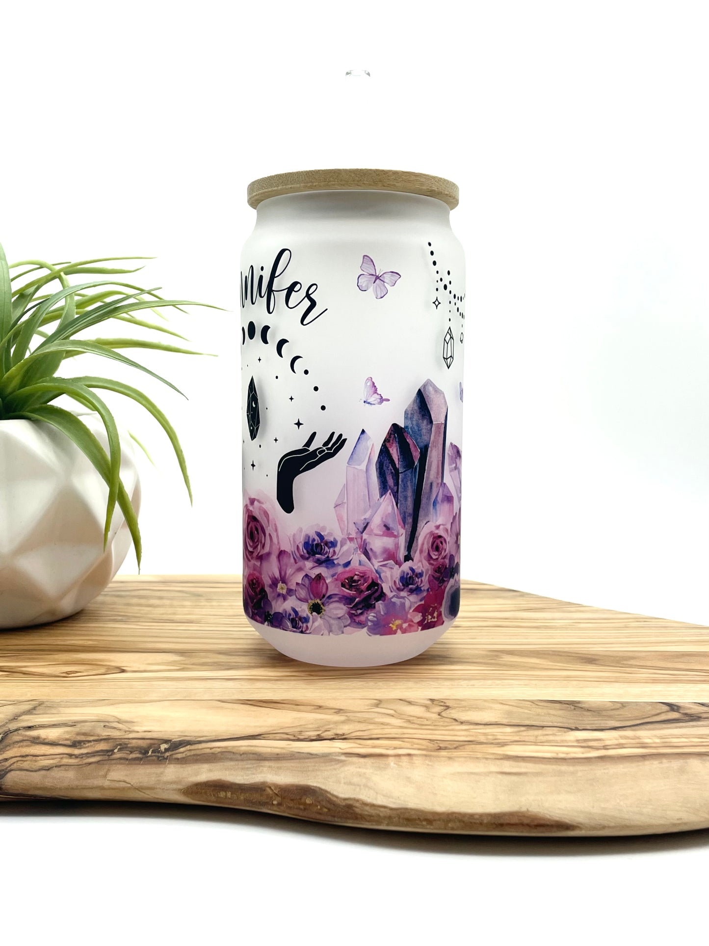 Personalized Purple Floral Glass Can