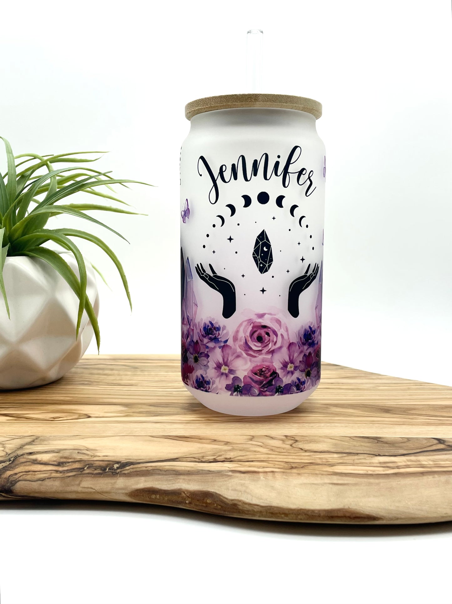 Personalized Purple Floral Glass Can